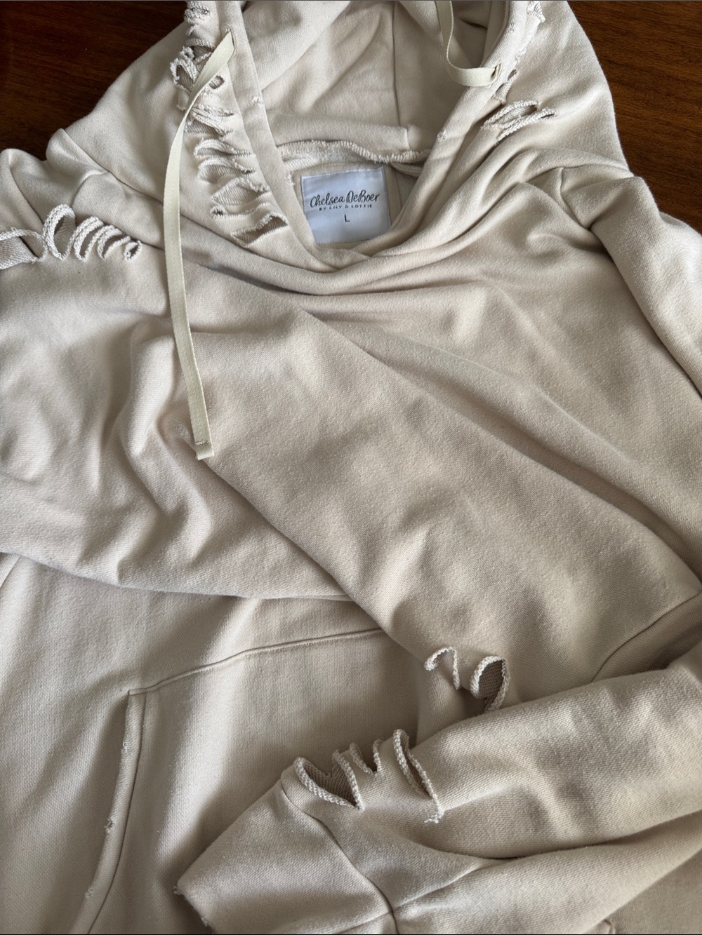 Cream Distressed Hoodie - Women's L